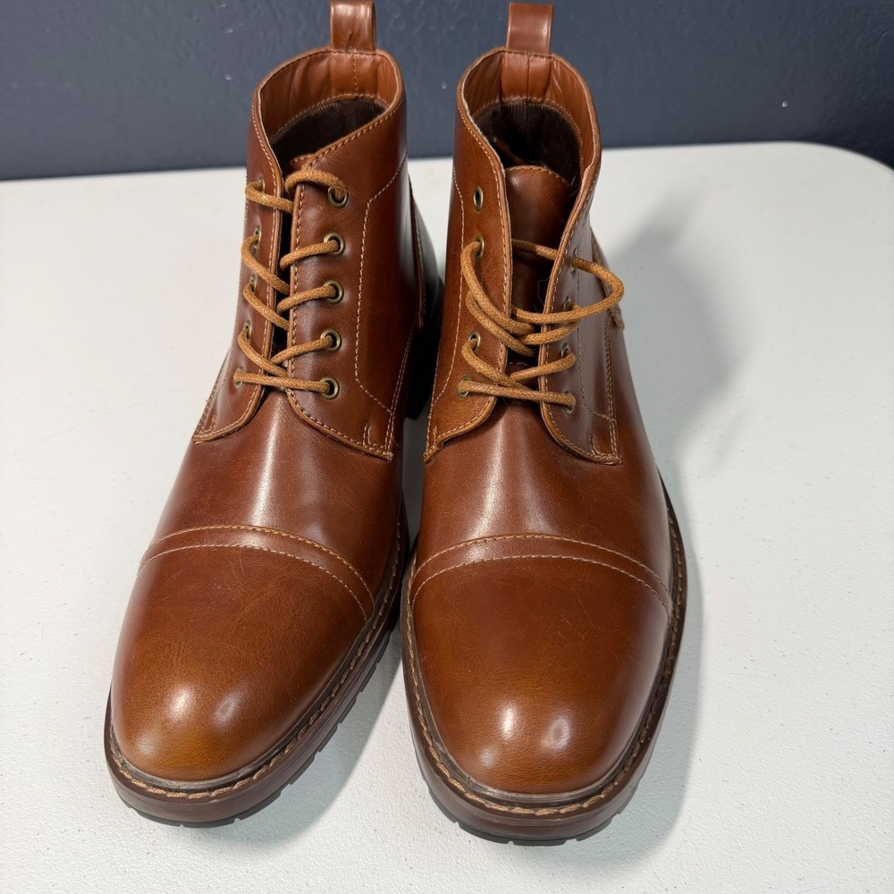 Perry Ellis Men Manning Cap Toe Boot Faux Leather Lace Up Cognac Brown Dressy